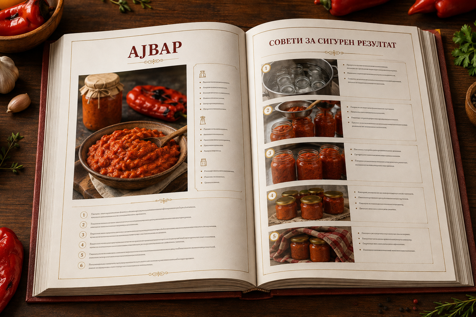 Отворена книга со рецепт за ајвар и совети за сигурен резултат